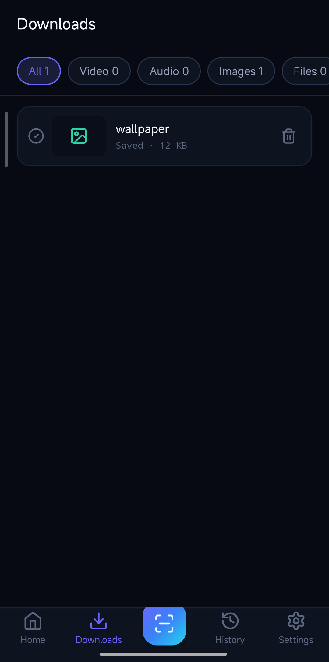 Downloads queue showing a completed download with saved size