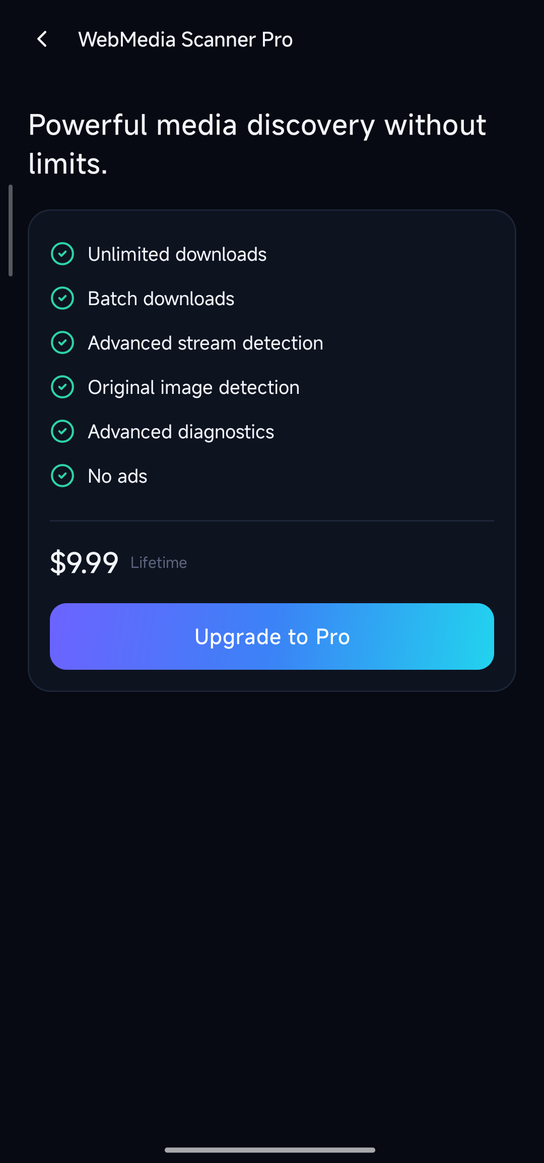 WebMedia Scanner Pro screen listing benefits and the one-time price with the purchase button
